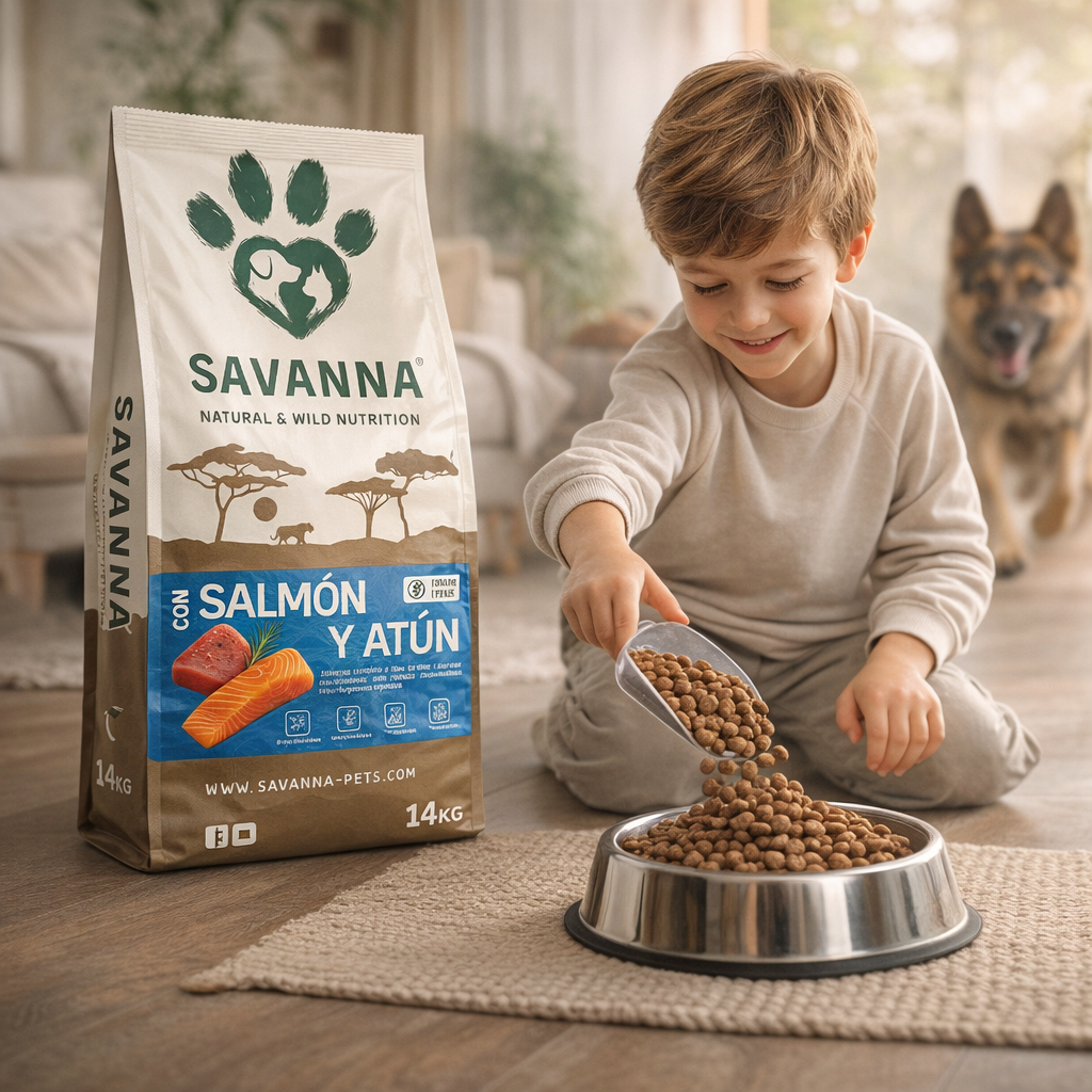 Niño echando comida grain free en el cuenco de su perro