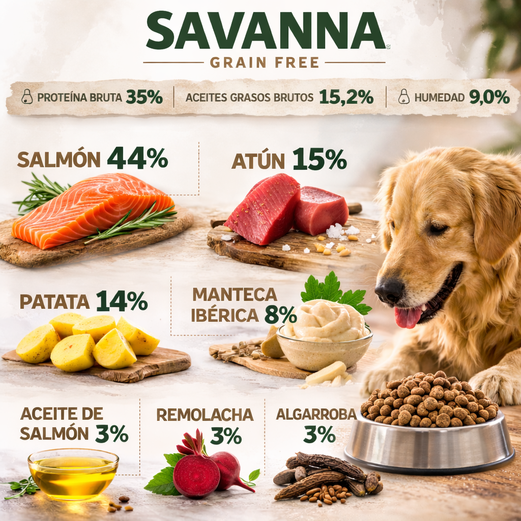 Listing de ingredientes y porcentajes de un pienso Grain Free Savanna