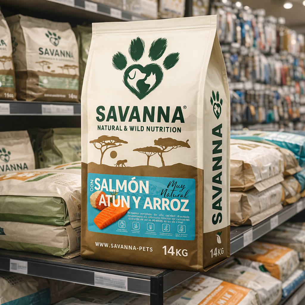 Tienda de Savanna con saco de pienso de salmón, atún  y arroz en exposición