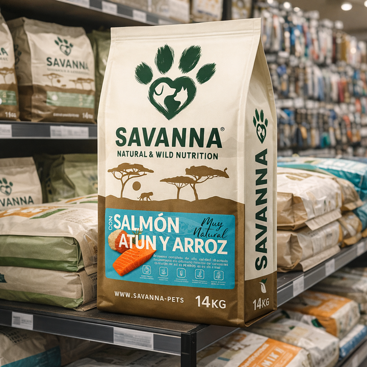 Tienda de Savanna con saco de pienso de salmón, atún  y arroz en exposición